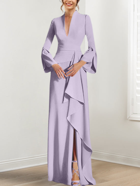 Robe de Mère de la Mariée Fourreau/Colonne à Col en V et Manches Longues, Longueur Au Sol, avec Fente Sur le Côté