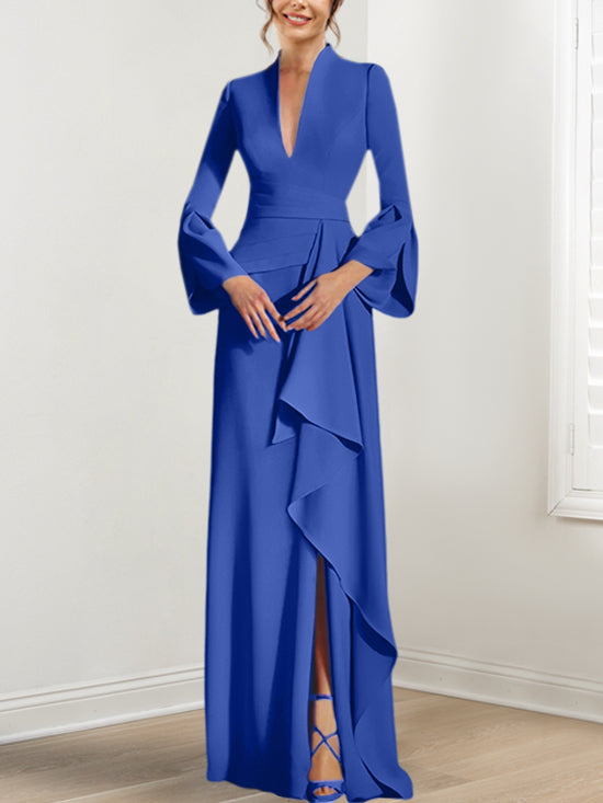 Robe de Mère de la Mariée Fourreau/Colonne à Col en V et Manches Longues, Longueur Au Sol, avec Fente Sur le Côté