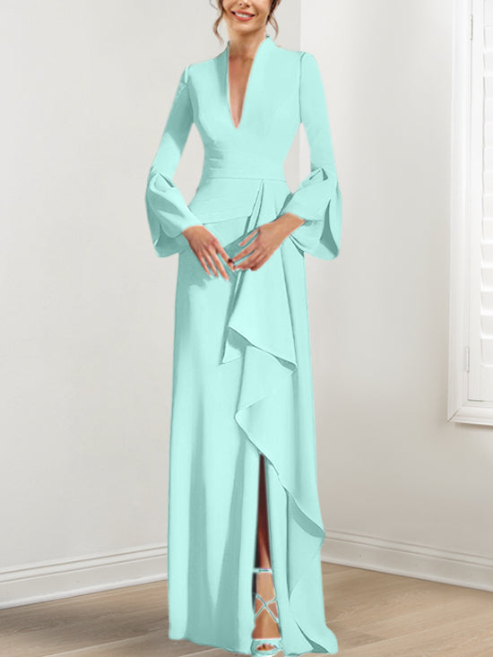 Robe de Mère de la Mariée Fourreau/Colonne à Col en V et Manches Longues, Longueur Au Sol, avec Fente Sur le Côté