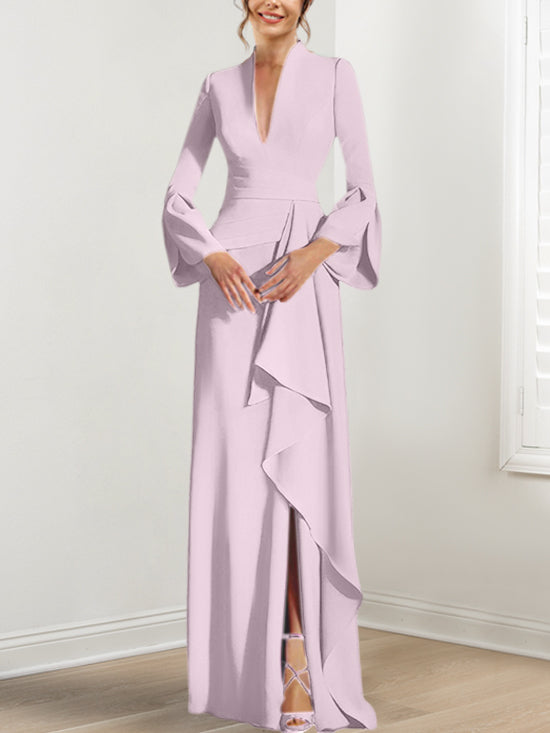Robe de Mère de la Mariée Fourreau/Colonne à Col en V et Manches Longues, Longueur Au Sol, avec Fente Sur le Côté