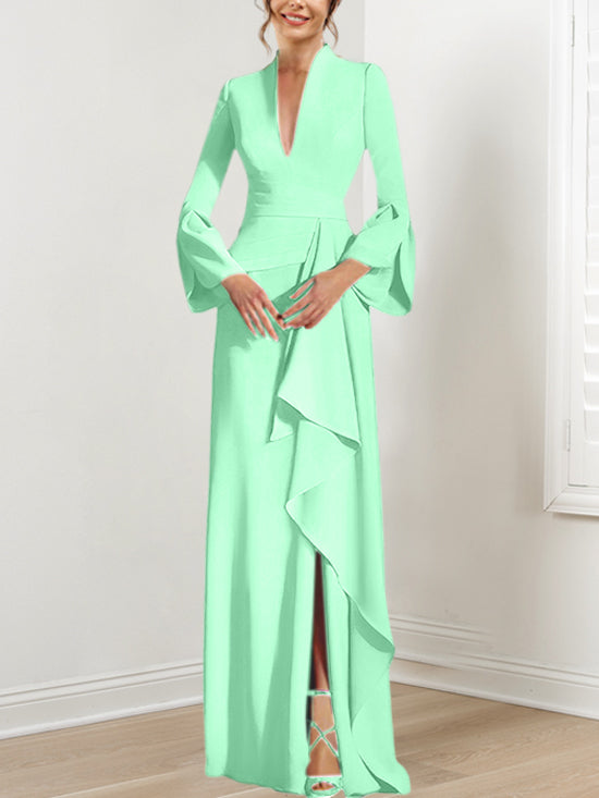 Robe de Mère de la Mariée Fourreau/Colonne à Col en V et Manches Longues, Longueur Au Sol, avec Fente Sur le Côté
