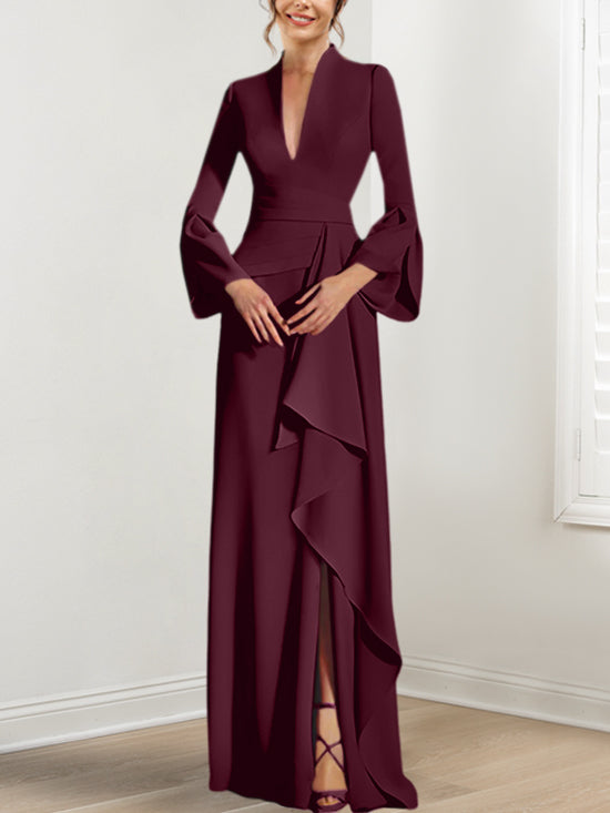Robe de Mère de la Mariée Fourreau/Colonne à Col en V et Manches Longues, Longueur Au Sol, avec Fente Sur le Côté