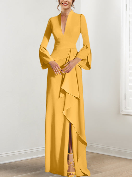 Robe de Mère de la Mariée Fourreau/Colonne à Col en V et Manches Longues, Longueur Au Sol, avec Fente Sur le Côté