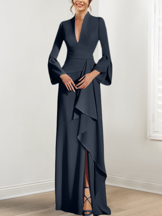 Robe de Mère de la Mariée Fourreau/Colonne à Col en V et Manches Longues, Longueur Au Sol, avec Fente Sur le Côté