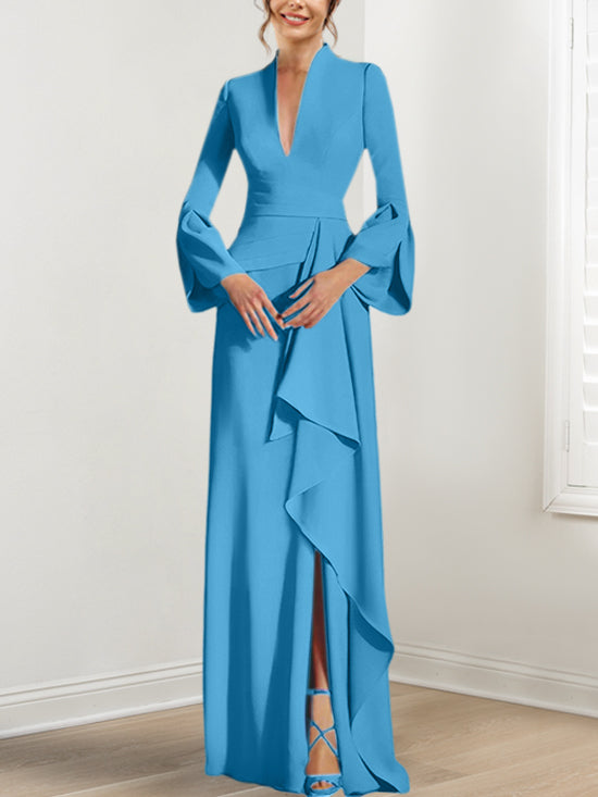 Robe de Mère de la Mariée Fourreau/Colonne à Col en V et Manches Longues, Longueur Au Sol, avec Fente Sur le Côté