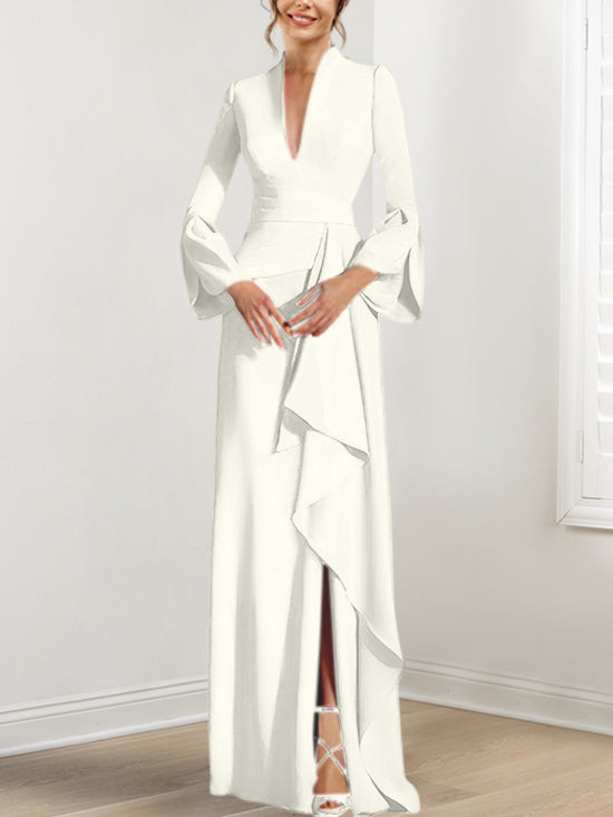 Robe de Mère de la Mariée Fourreau/Colonne à Col en V et Manches Longues, Longueur Au Sol, avec Fente Sur le Côté