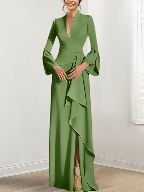Robe de Mère de la Mariée Fourreau/Colonne à Col en V et Manches Longues, Longueur Au Sol, avec Fente Sur le Côté