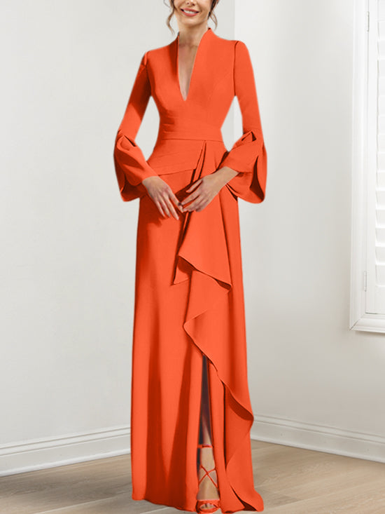 Robe de Mère de la Mariée Fourreau/Colonne à Col en V et Manches Longues, Longueur Au Sol, avec Fente Sur le Côté