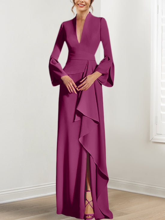 Robe de Mère de la Mariée Fourreau/Colonne à Col en V et Manches Longues, Longueur Au Sol, avec Fente Sur le Côté