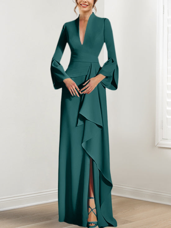 Robe de Mère de la Mariée Fourreau/Colonne à Col en V et Manches Longues, Longueur Au Sol, avec Fente Sur le Côté