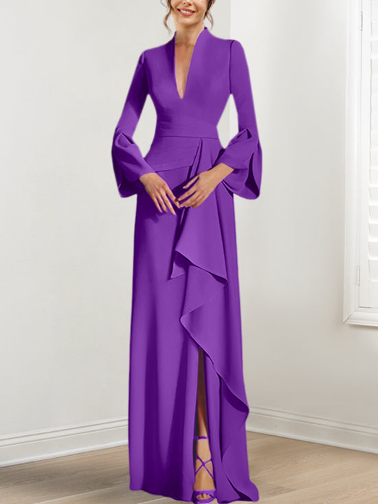 Robe de Mère de la Mariée Fourreau/Colonne à Col en V et Manches Longues, Longueur Au Sol, avec Fente Sur le Côté