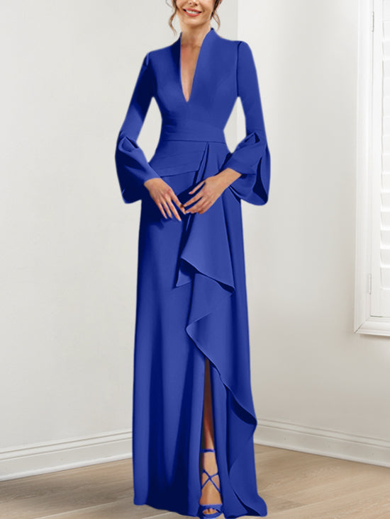 Robe de Mère de la Mariée Fourreau/Colonne à Col en V et Manches Longues, Longueur Au Sol, avec Fente Sur le Côté