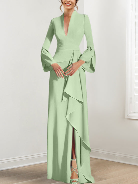 Robe de Mère de la Mariée Fourreau/Colonne à Col en V et Manches Longues, Longueur Au Sol, avec Fente Sur le Côté