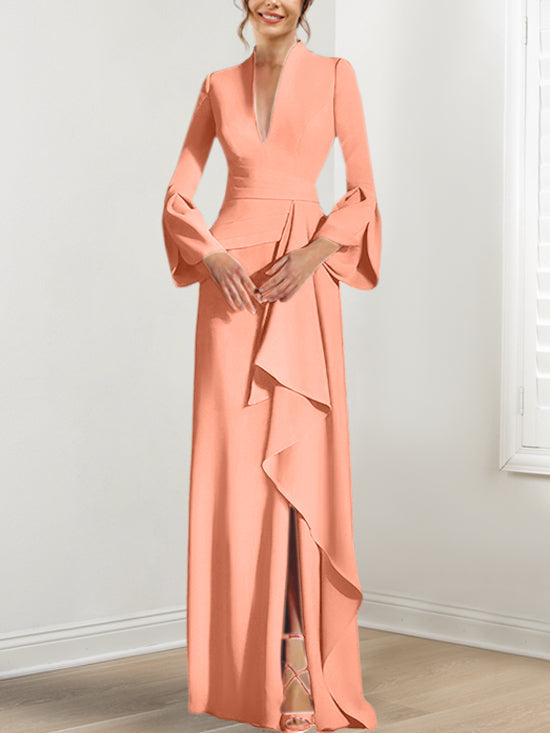Robe de Mère de la Mariée Fourreau/Colonne à Col en V et Manches Longues, Longueur Au Sol, avec Fente Sur le Côté