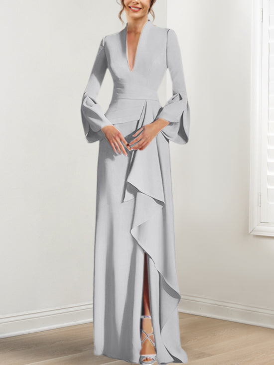 Robe de Mère de la Mariée Fourreau/Colonne à Col en V et Manches Longues, Longueur Au Sol, avec Fente Sur le Côté