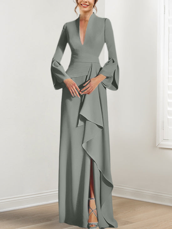 Robe de Mère de la Mariée Fourreau/Colonne à Col en V et Manches Longues, Longueur Au Sol, avec Fente Sur le Côté