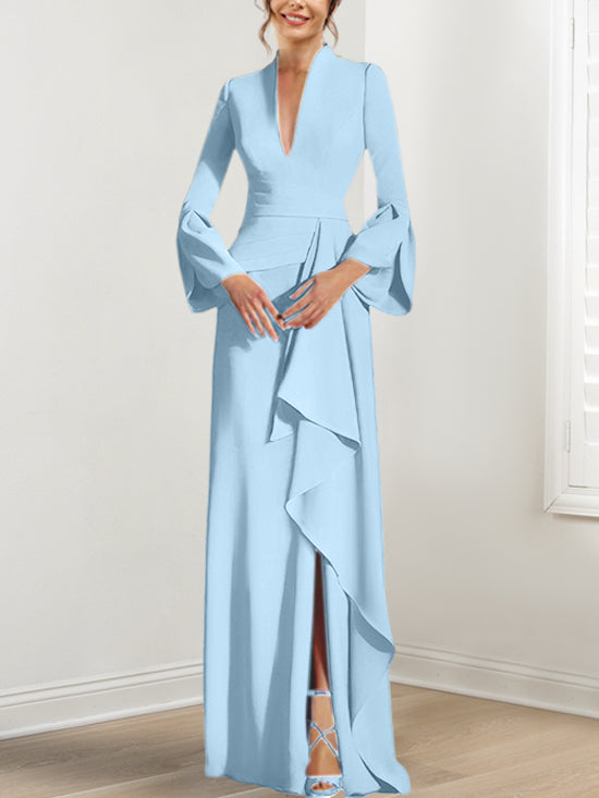 Robe de Mère de la Mariée Fourreau/Colonne à Col en V et Manches Longues, Longueur Au Sol, avec Fente Sur le Côté