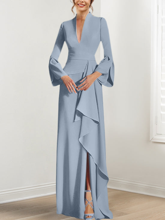 Robe de Mère de la Mariée Fourreau/Colonne à Col en V et Manches Longues, Longueur Au Sol, avec Fente Sur le Côté