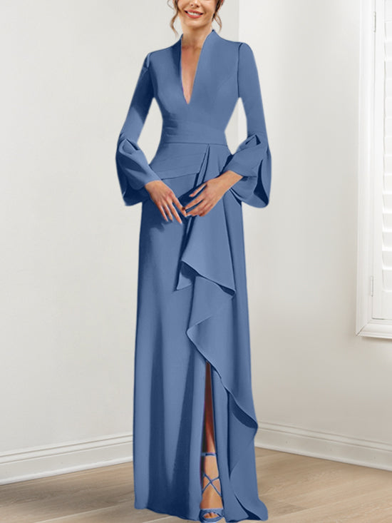 Robe de Mère de la Mariée Fourreau/Colonne à Col en V et Manches Longues, Longueur Au Sol, avec Fente Sur le Côté