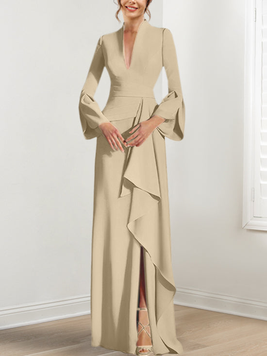 Robe de Mère de la Mariée Fourreau/Colonne à Col en V et Manches Longues, Longueur Au Sol, avec Fente Sur le Côté