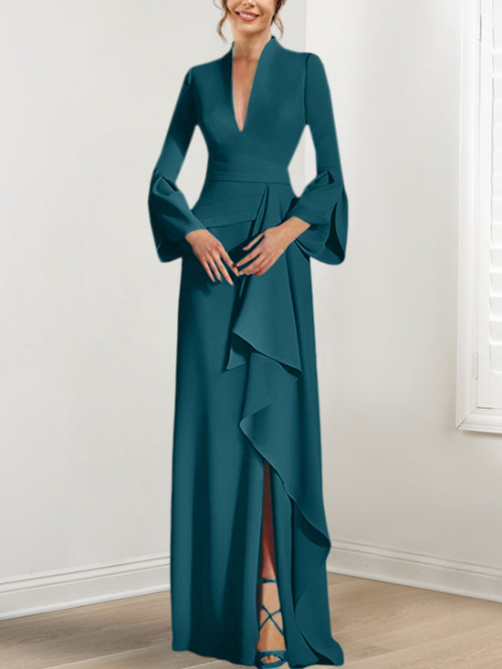 Robe de Mère de la Mariée Fourreau/Colonne à Col en V et Manches Longues, Longueur Au Sol, avec Fente Sur le Côté