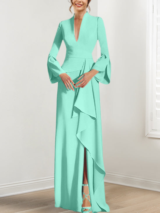 Robe de Mère de la Mariée Fourreau/Colonne à Col en V et Manches Longues, Longueur Au Sol, avec Fente Sur le Côté