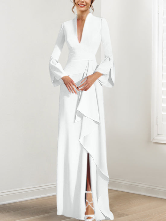 Robe de Mère de la Mariée Fourreau/Colonne à Col en V et Manches Longues, Longueur Au Sol, avec Fente Sur le Côté
