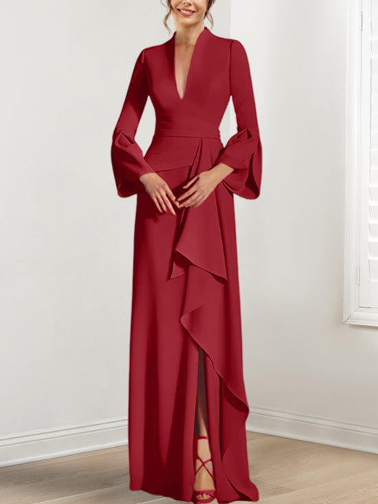 Robe de Mère de la Mariée Fourreau/Colonne à Col en V et Manches Longues, Longueur Au Sol, avec Fente Sur le Côté