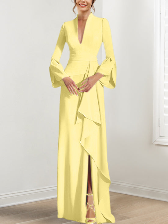 Robe de Mère de la Mariée Fourreau/Colonne à Col en V et Manches Longues, Longueur Au Sol, avec Fente Sur le Côté