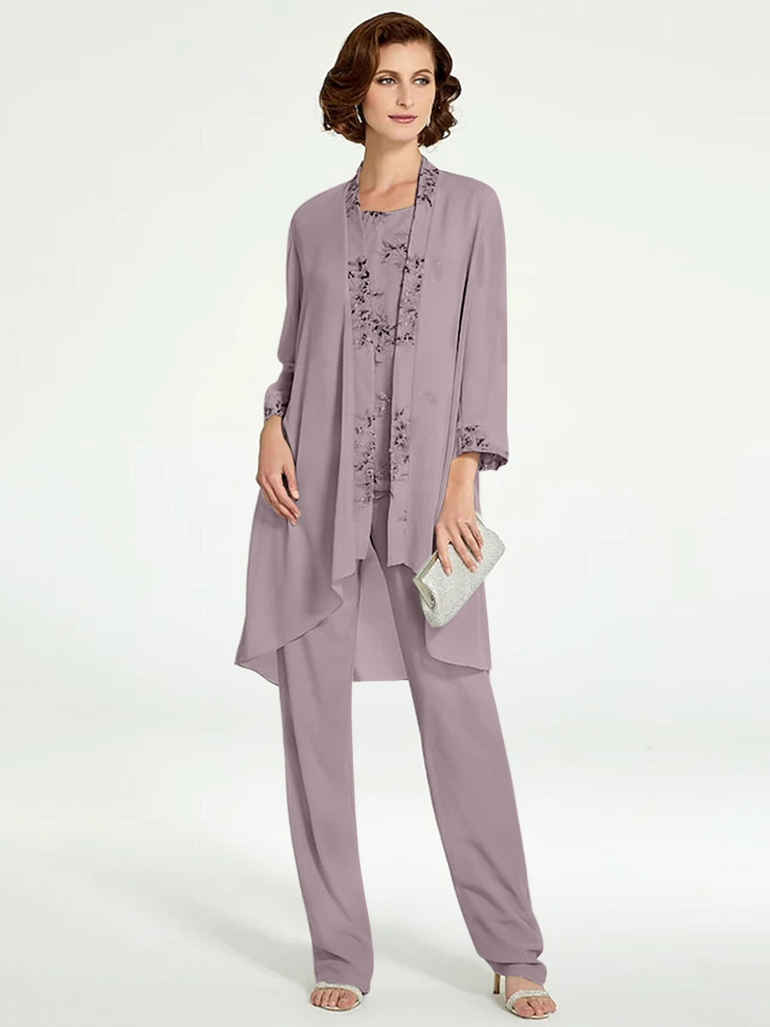 Tailleur-Pantalon en Mousseline à Col Rond et Longueur Au Sol pour Mère de la Mariée avec Veste