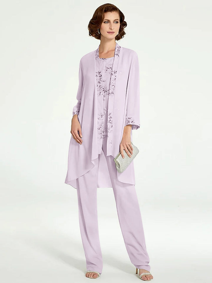 Tailleur-Pantalon en Mousseline à Col Rond et Longueur Au Sol pour Mère de la Mariée avec Veste
