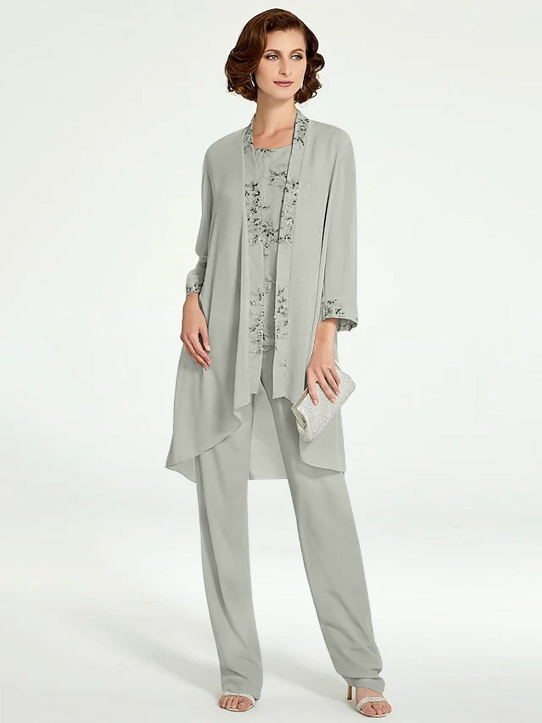 Tailleur-Pantalon en Mousseline à Col Rond et Longueur Au Sol pour Mère de la Mariée avec Veste