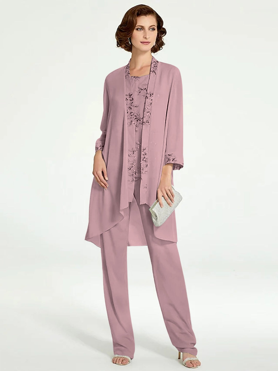 Tailleur-Pantalon en Mousseline à Col Rond et Longueur Au Sol pour Mère de la Mariée avec Veste