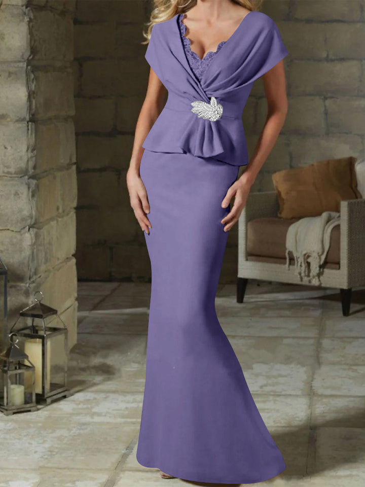 Robes de Mère de la Mariée à Col en V et Gaine/Colonne avec Ceinture