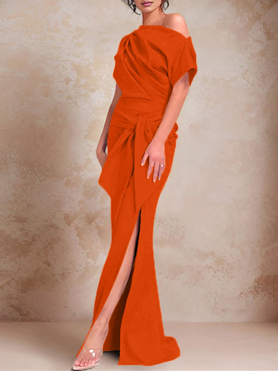 Robe de Mère de la Mariée Trompette/Sirène à Une Épaule et Manches Courtes, Longueur Au Sol, avec Volants et Côté Fendu