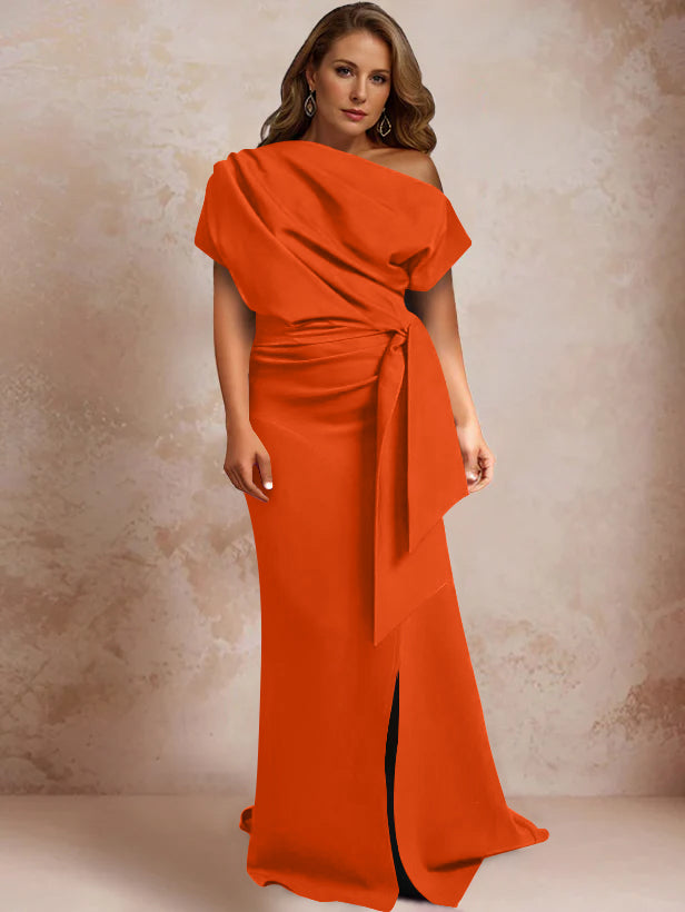 Robe de Mère de la Mariée Grande Taille, Asymétrique, à Une Épaule, Manches Courtes, Longueur Au Sol, avec Volants et Côté Fendu