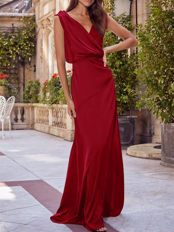 Robe de Mère de la Mariée A-Line/Princess à Col en V Sans Manches et Longueur Au Sol avec Fronces