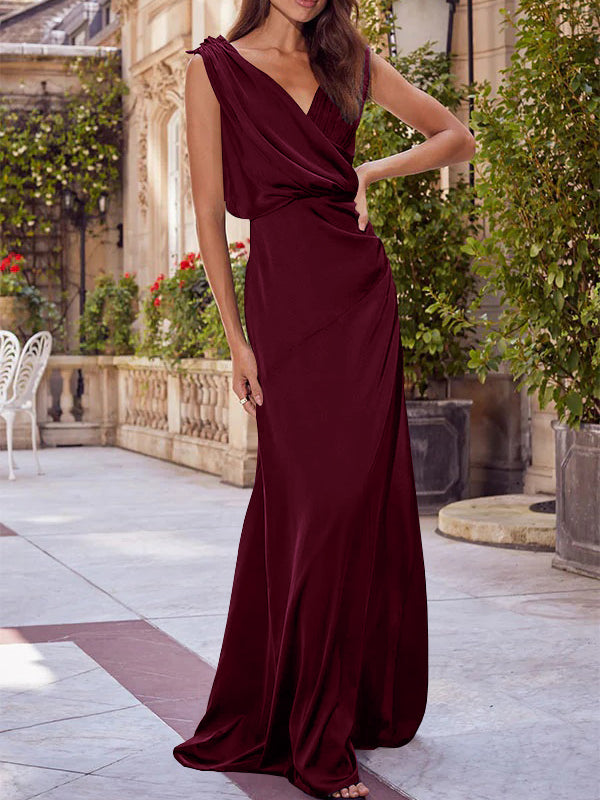 Robe de Mère de la Mariée A-Line/Princess à Col en V Sans Manches et Longueur Au Sol avec Fronces