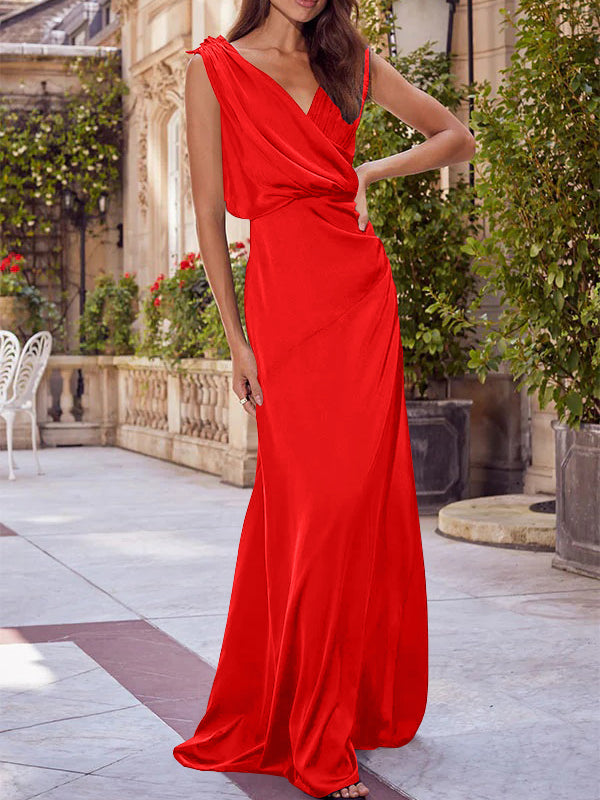 Robe de Mère de la Mariée A-Line/Princess à Col en V Sans Manches et Longueur Au Sol avec Fronces