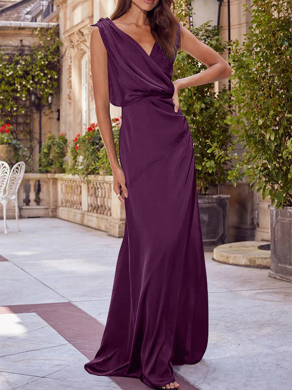 Robe de Mère de la Mariée A-Line/Princess à Col en V Sans Manches et Longueur Au Sol avec Fronces
