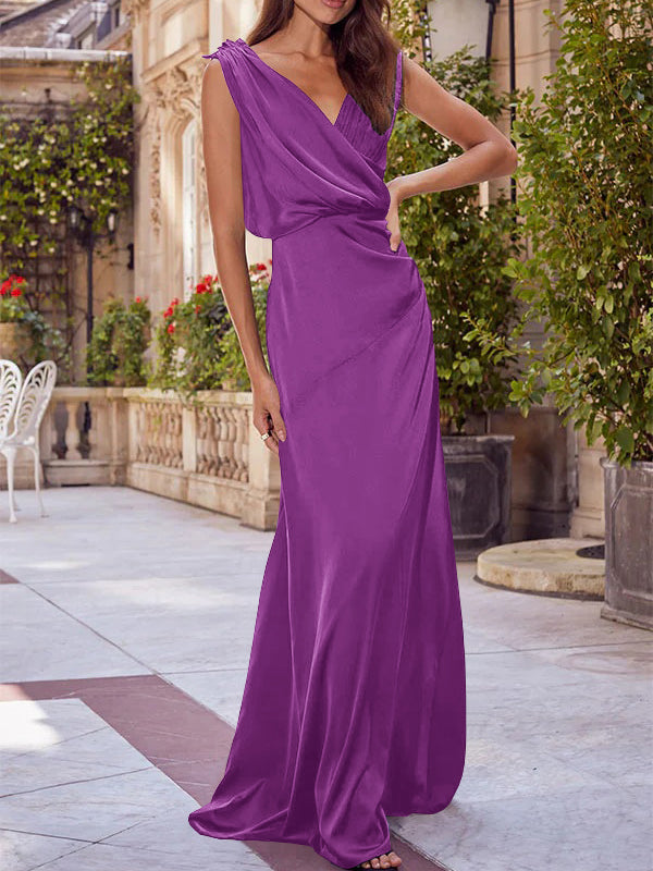 Robe de Mère de la Mariée A-Line/Princess à Col en V Sans Manches et Longueur Au Sol avec Fronces