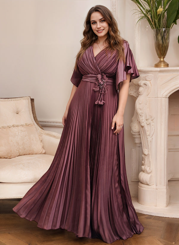 Robe de Mère de la Mariée Coupe A-Line/Princess à Col en V et Manches Courtes avec Ceinture