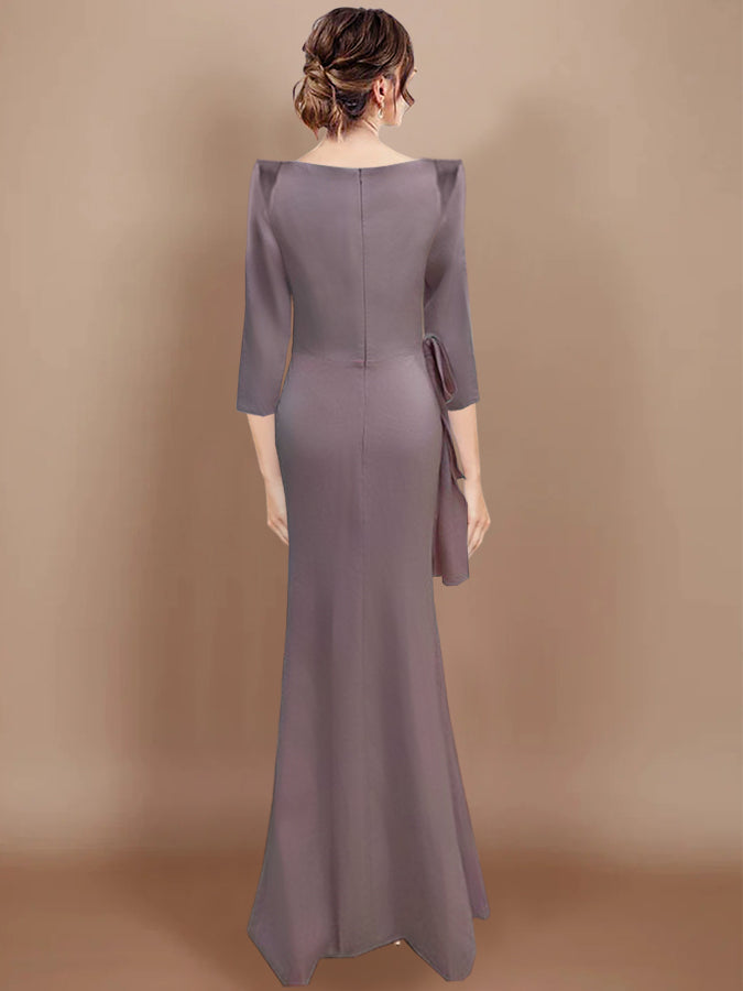 Robe de Mère de la Mariée Grande Taille à Manches 3/4 et Col en V avec Nœud