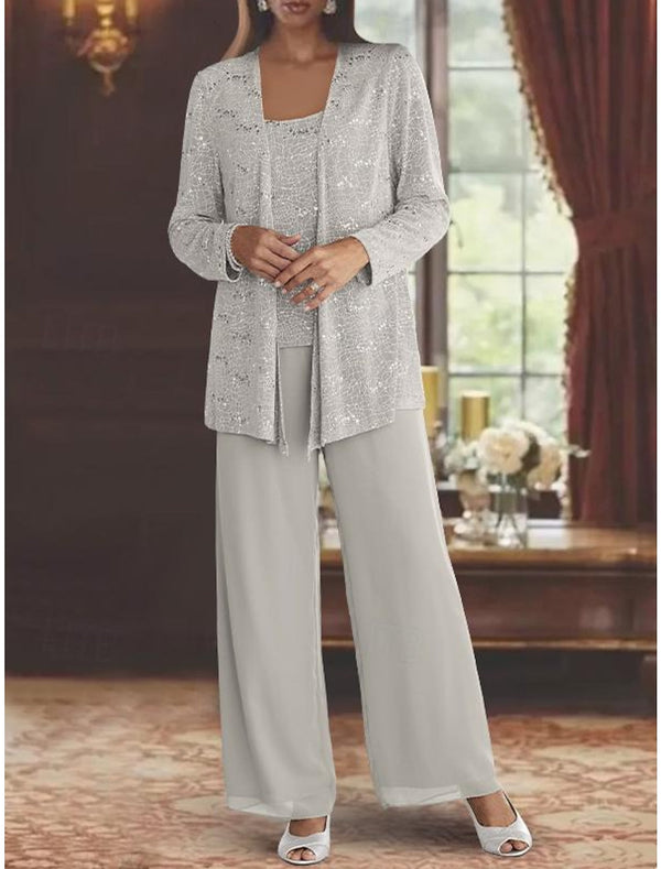 Tailleur-Pantalon en Mousseline pour Mère de la Mariée avec Veste et Paillettes Longueur de la Cheville