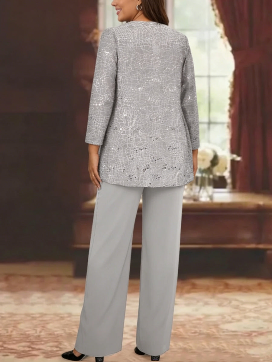 Tailleur-Pantalon Grande Taille en Mousseline de Soie pour Mère de la Mariée avec Veste et Paillettes