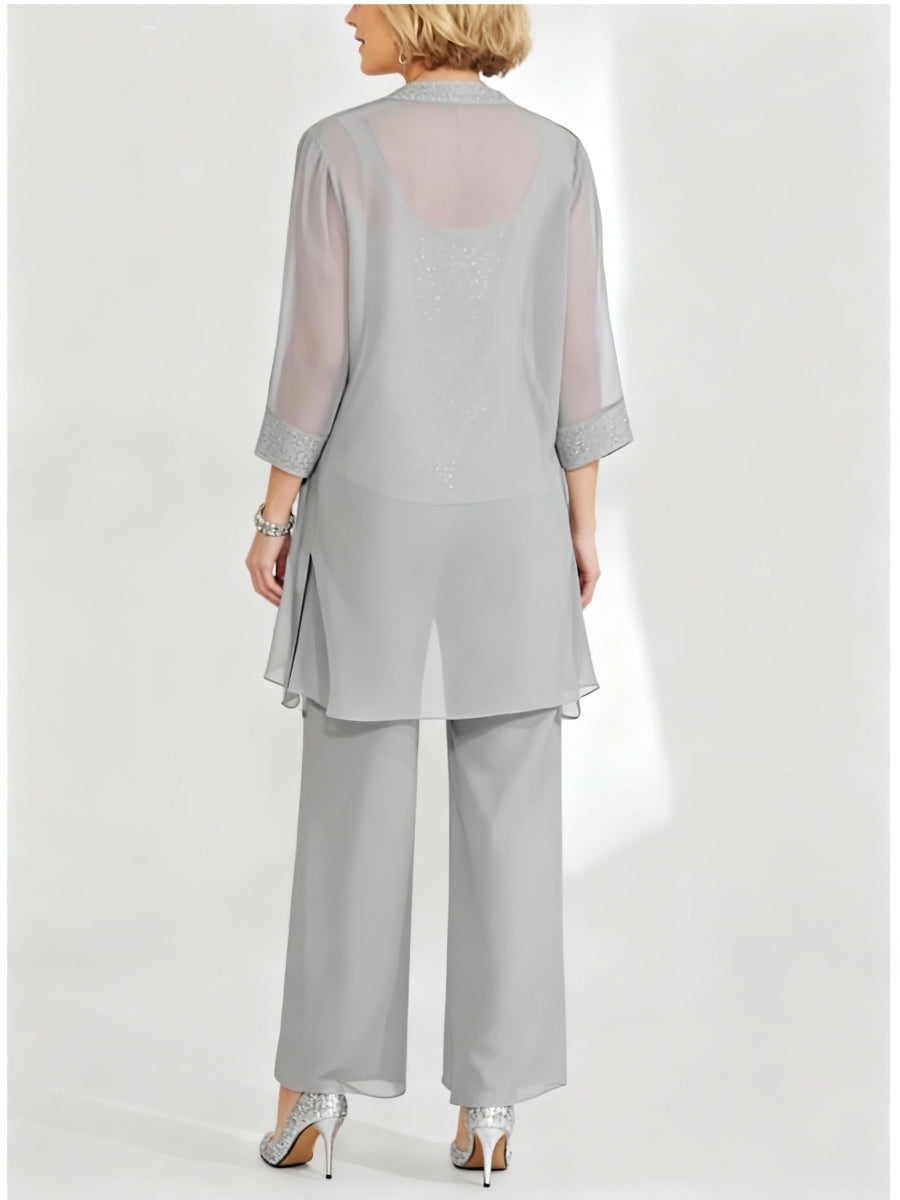 Tailleur-Pantalon en Mousseline de Soie Longueur Cheville pour Mère de la Mariée avec Veste