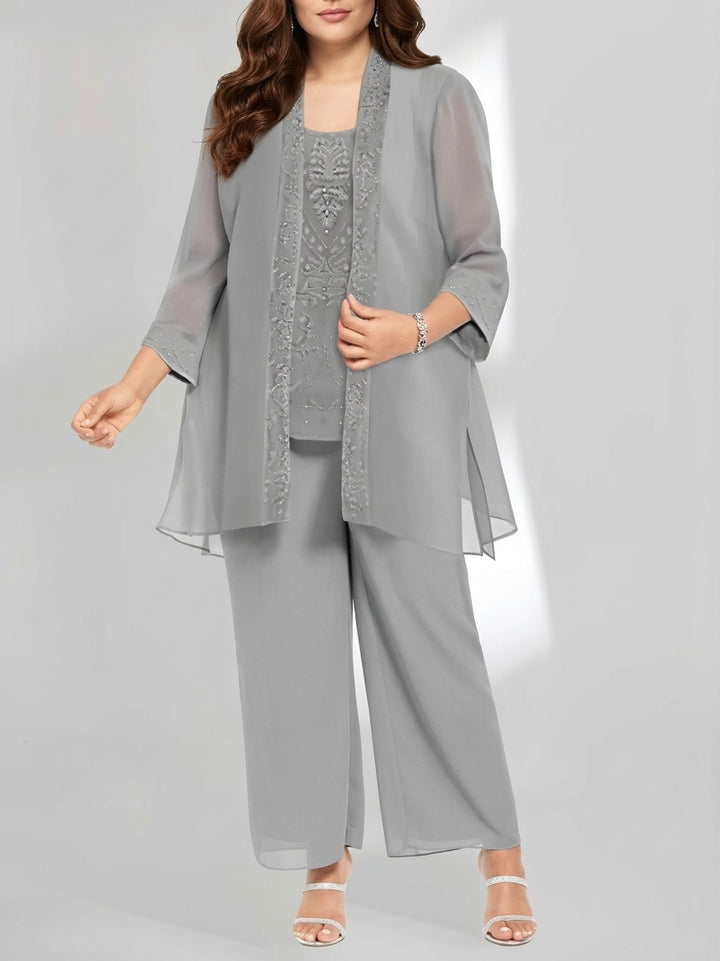 Tailleur-Pantalon en Mousseline de Soie Longueur Cheville Grande Taille pour Mère de la Mariée avec Veste