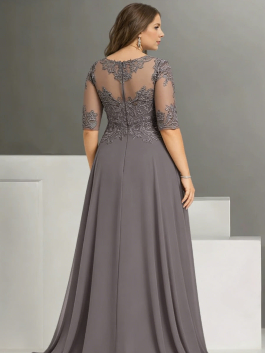 Tailleur-Pantalon pour Mère de la Mariée Grande Taille en Mousseline de Soie à Col Bijou et Manches Mi-Longues avec Dentelle