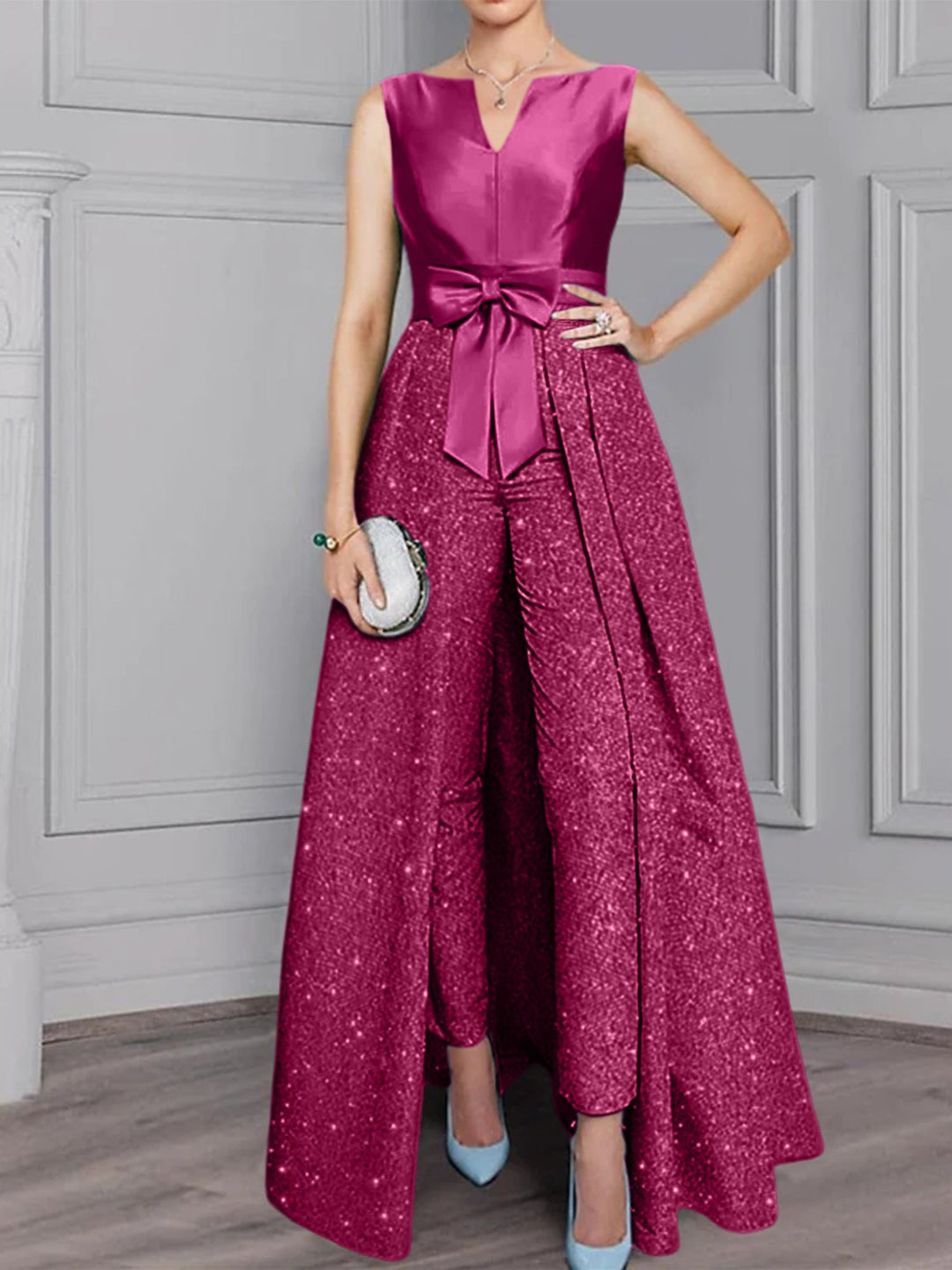 Ensemble 2 Pièces pour Mère de la Mariée, Manches Longues, avec Ceinture, Paillettes