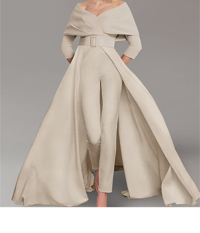 Ensemble pantalon mère de la mariée col rond, manches longues, ceinture